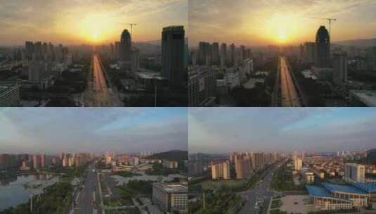 航拍枣庄新城光明路早晨的场景高清在线视频素材下载