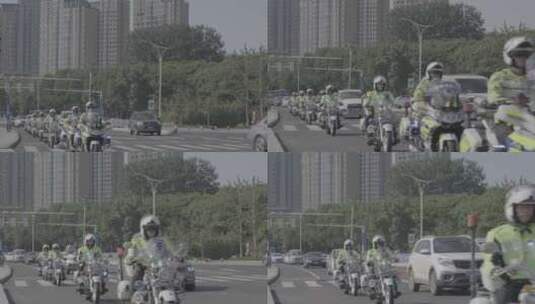 交警摩托车队灰片拍摄高清在线视频素材下载