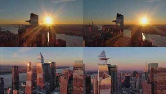 城市航拍纽约曼哈顿哈德逊广场摩天大楼日出高清在线视频素材下载