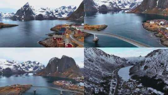 4K航拍挪威罗弗敦群岛雪景风光高清在线视频素材下载