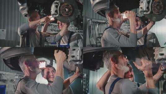 在汽车服务中心，穿着制服的英俊年轻汽车机高清在线视频素材下载