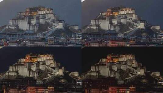 西藏拉萨布达拉宫地标宫殿日落灯光车流延时高清在线视频素材下载