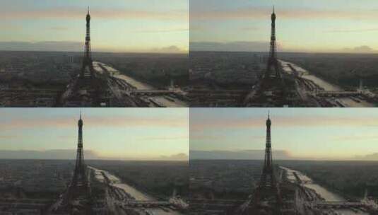 日出时巴黎塞纳河附近的埃菲尔铁塔高清在线视频素材下载