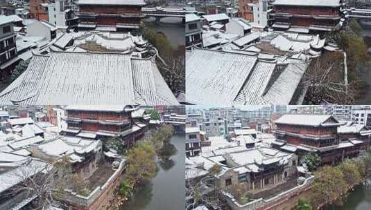 长汀古城雪景航拍高清在线视频素材下载