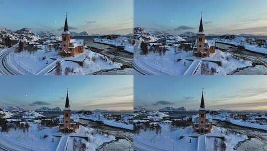 挪威罗弗敦群岛北极圈教堂冬季雪景高空航拍高清在线视频素材下载