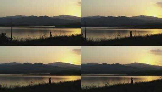 武汉木兰湖美女湖边夕阳航拍709高清在线视频素材下载