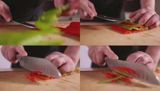 【镜头合集】厨师切青红椒丝高清在线视频素材下载