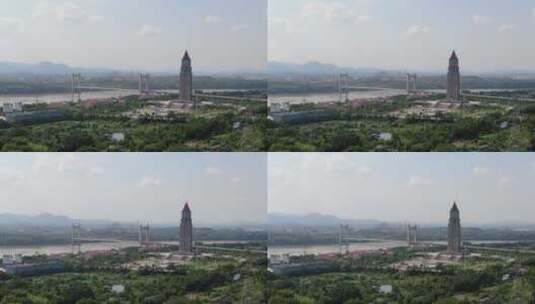 赣州和谐钟楼古浮桥航拍高清在线视频素材下载