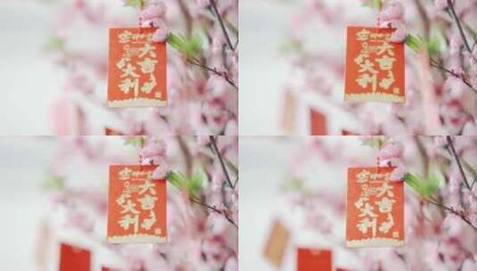 梅花树上悬挂的新年祝福高清在线视频素材下载