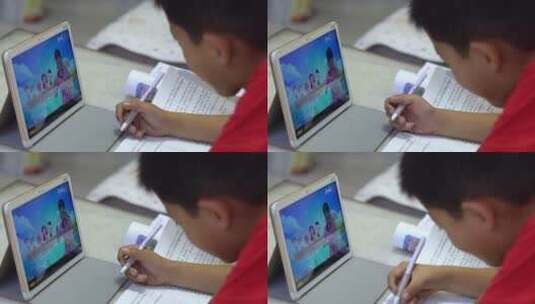 疫情封锁期间小学生在家上网课高清在线视频素材下载