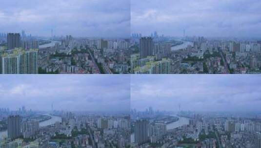 广州珠江风光与雨雾缭绕天空航拍高清在线视频素材下载