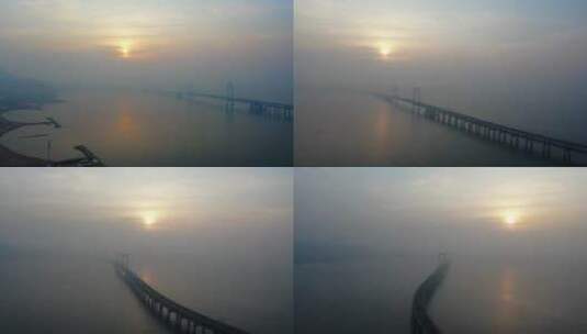 航拍大连跨海大桥 大连地标建筑海上日出高清在线视频素材下载