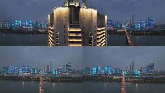 长沙湘江畔夜景航拍高清在线视频素材下载