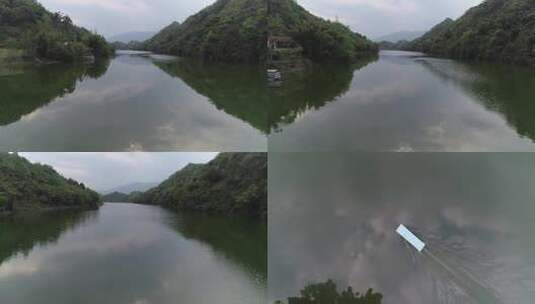 h四川彭州河流行舟航拍高清在线视频素材下载