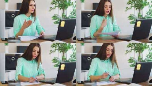 女人用笔记本电脑通话高清在线视频素材下载