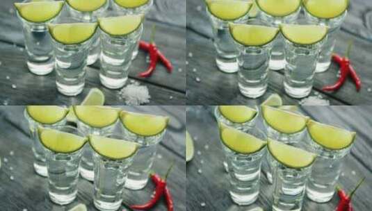 桌上的龙舌兰酒和柠檬特写高清在线视频素材下载