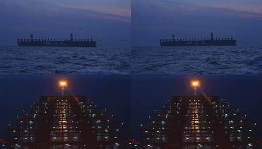 集装箱船 海鸥 船夜晚行驶高清在线视频素材下载
