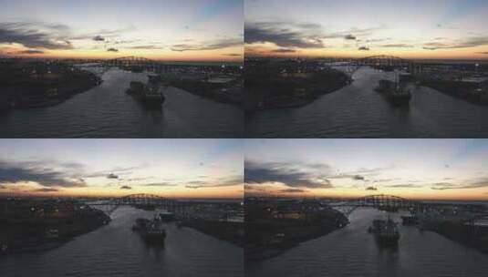 科珀斯克里斯蒂大桥和驳船美丽的日落背景。高清在线视频素材下载