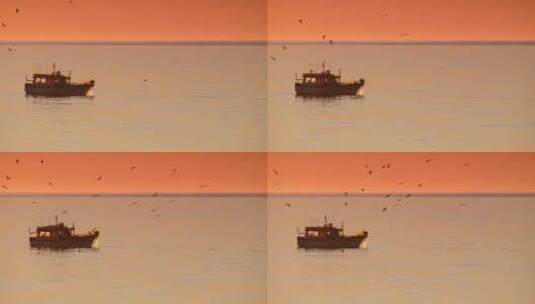 日出时海上的渔船高清在线视频素材下载