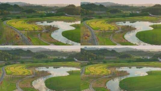 航拍宜昌卷桥河湿地公园日落风景高清在线视频素材下载