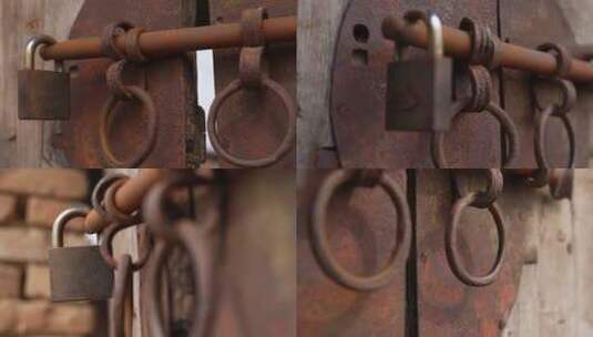 农村门锁中式老物件铁锈历史古老锁门高清在线视频素材下载