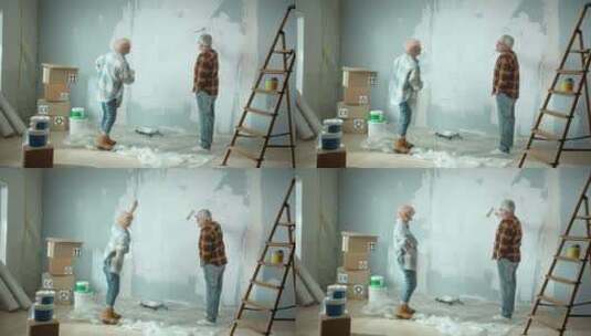 老人用油漆滚筒用白色油漆粉刷墙壁高清在线视频素材下载