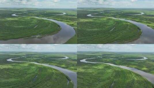 航拍夏季海拉尔河湿地蓝天白云高清在线视频素材下载