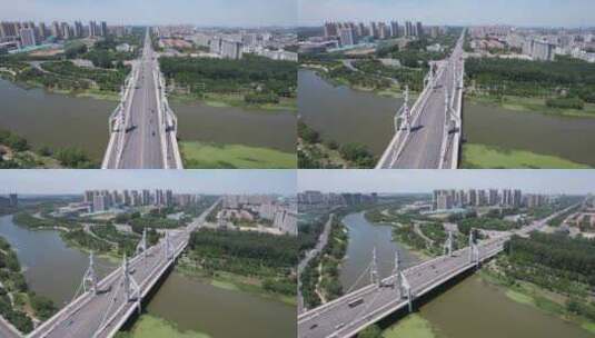山东聊城湖南路大桥地标建筑航拍高清在线视频素材下载