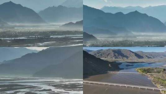 航拍西藏雅鲁藏布江日出风光高清在线视频素材下载