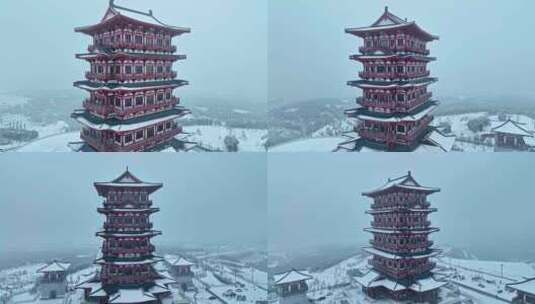 航拍牡丹博物馆雪景高清在线视频素材下载