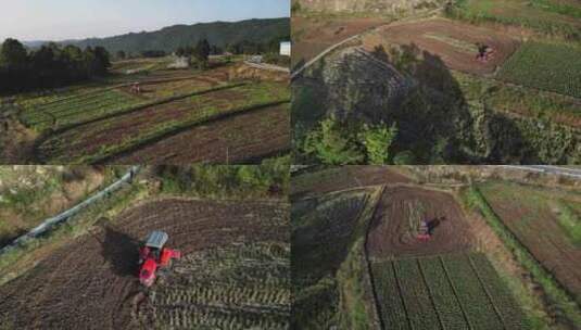 新农村清晨现代化拖拉机机械化操作耕地播种高清在线视频素材下载