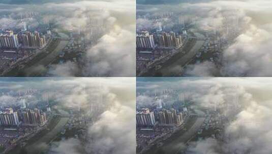 湖北凉城利川清晨薄雾掩映的城市高清在线视频素材下载