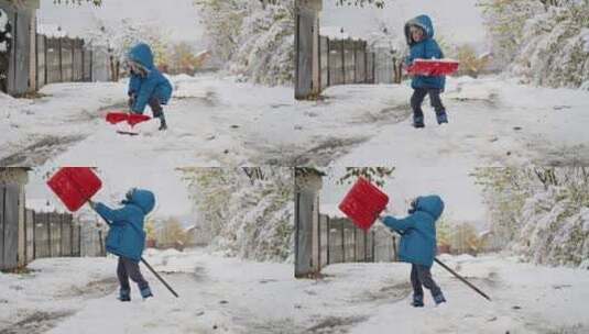 面对冬天的寒冷，一个小男孩在暴风雨中坚强高清在线视频素材下载