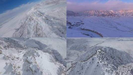 冬季祁连山脉山峰雪景航拍雪山日落高清在线视频素材下载