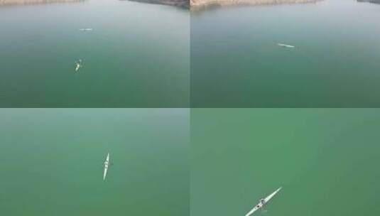 航拍湖面的单人皮划艇双人划船高清在线视频素材下载