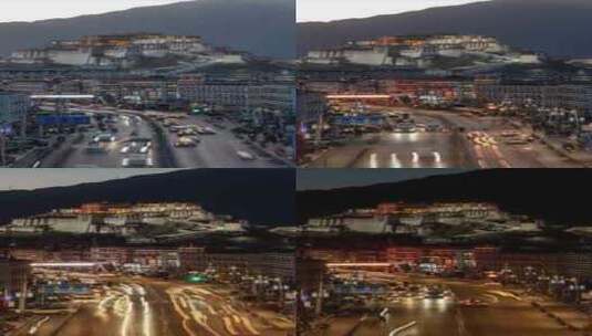 西藏拉萨布达拉宫地标宫殿日落灯光车流延时高清在线视频素材下载