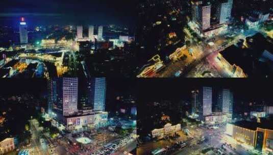山东济宁运河城夜景灯光航拍高清在线视频素材下载