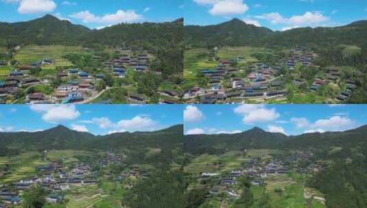 航拍晴空万里的湖南湘西土家村落高清在线视频素材下载