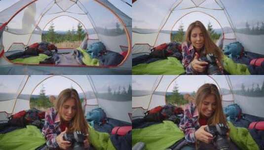 女人，帐篷，露营，躺下高清在线视频素材下载