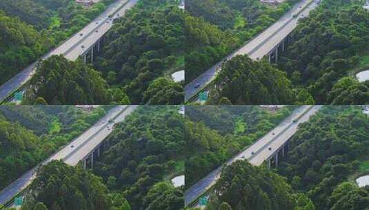 城市鸟瞰图，公路旁林立的高楼与绿植高清在线视频素材下载