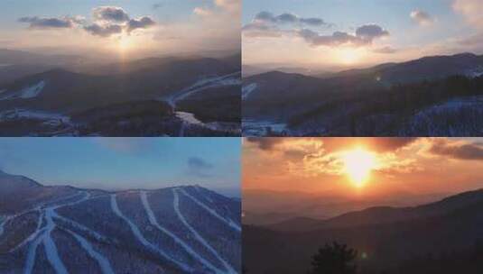 航拍哈尔滨亚布力滑雪场日出雪景高清在线视频素材下载