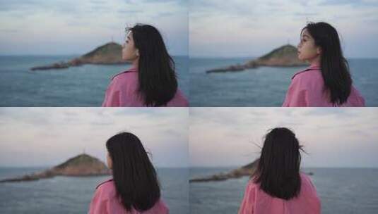 海边女子眺望远方岛屿高清在线视频素材下载