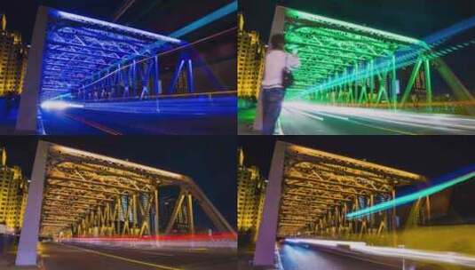 上海外白渡桥夜景车流4k延时高清在线视频素材下载