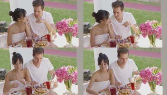 情侣在花园用餐高清在线视频素材下载