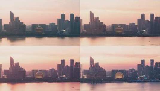 长焦镜头下杭州钱江新城城市阳台日转夜美景高清在线视频素材下载