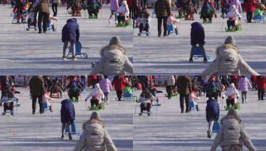 北京 冬季湖面结冰冰场冰车高清在线视频素材下载