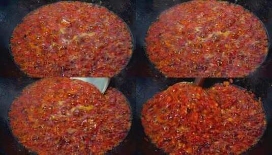 锅里熬制美味辣椒酱4k美食制作实拍高清在线视频素材下载