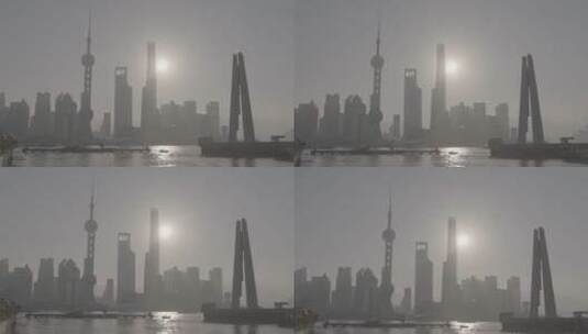 黄浦江岸雾天落日景观高清在线视频素材下载