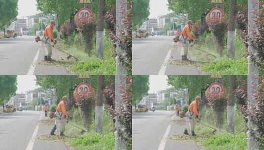 环卫工人在路边割草高清在线视频素材下载