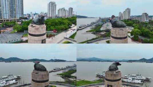 浙东千里海塘纪念碑航拍水平环绕高清在线视频素材下载